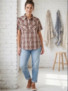 Bit & Bridle for HER XXL Brown and White Sparkle Plaid Casual Shirt